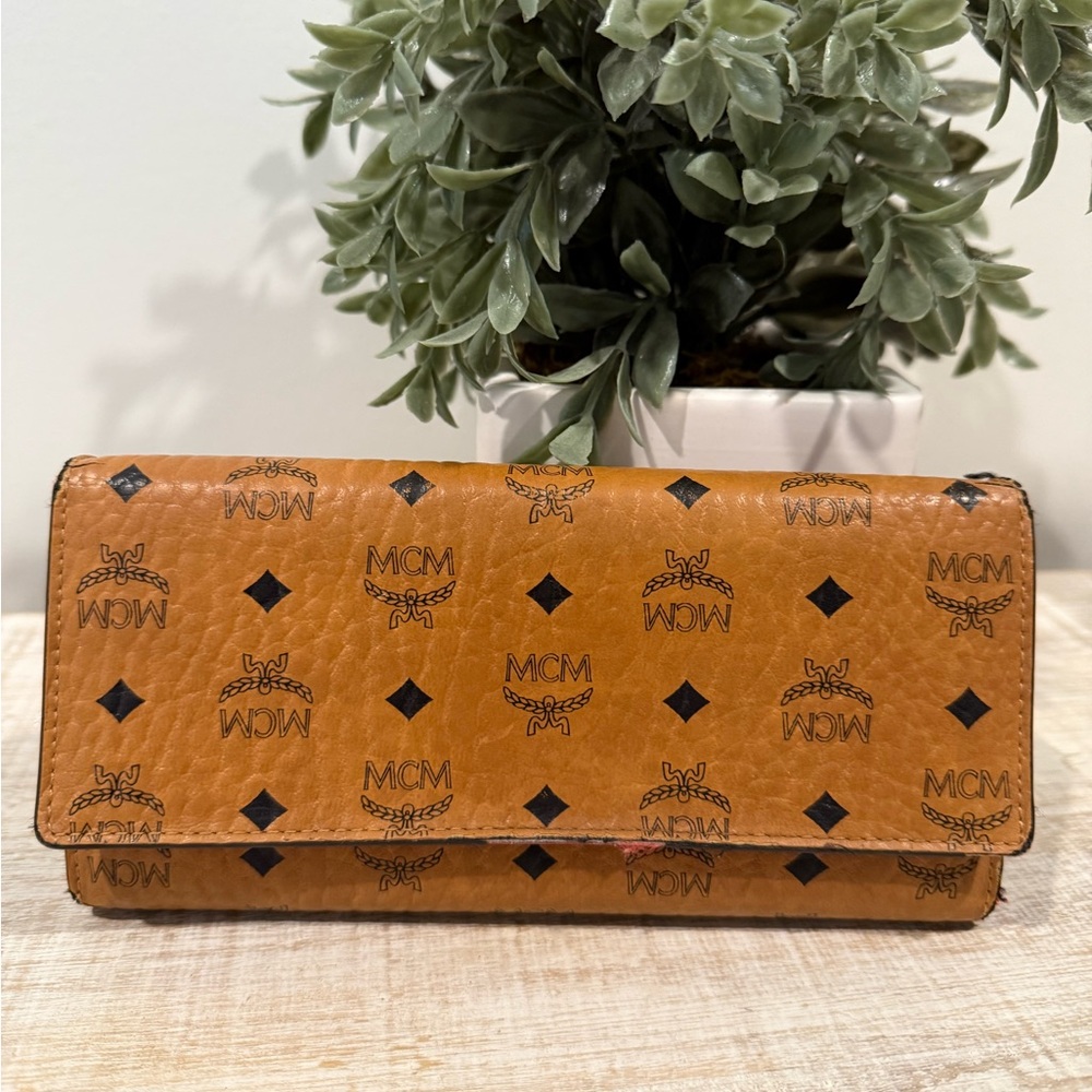 MCM Cognac Visetos Trifold Leather Long Snap Flap Wallet with Red Interior